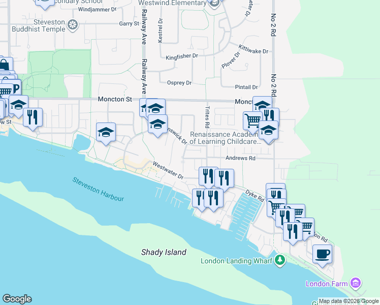 map of restaurants, bars, coffee shops, grocery stores, and more near 12438 Brunswick Place in Richmond
