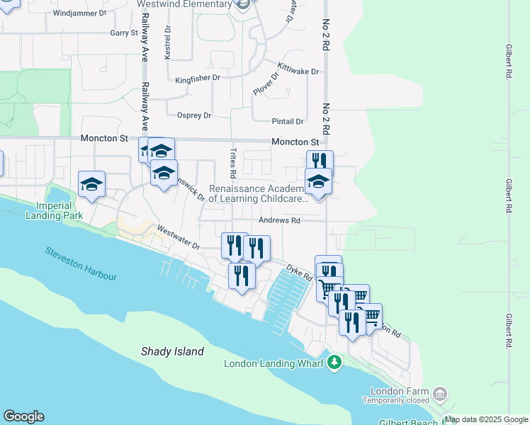 map of restaurants, bars, coffee shops, grocery stores, and more near 12519 Wescott Street in Richmond