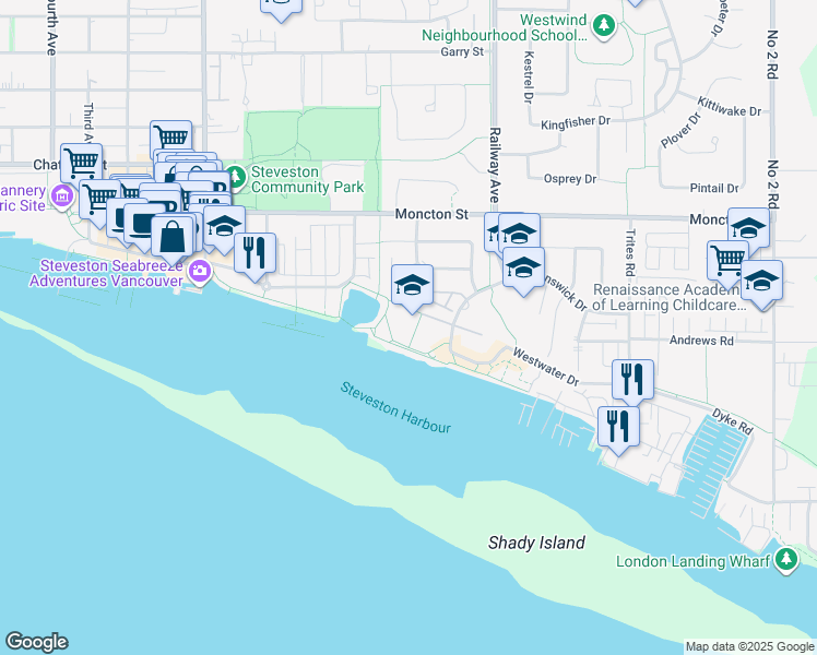 map of restaurants, bars, coffee shops, grocery stores, and more near 4500 Westwater Drive in Richmond