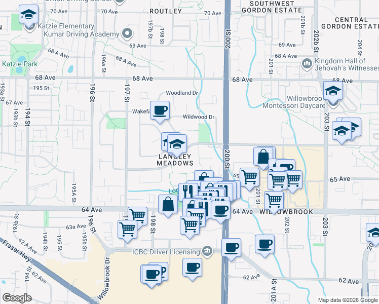 map of restaurants, bars, coffee shops, grocery stores, and more near 2262 Willoughby Way in Langley