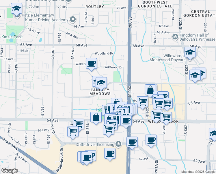 map of restaurants, bars, coffee shops, grocery stores, and more near 2264 Willoughby Way in Langley