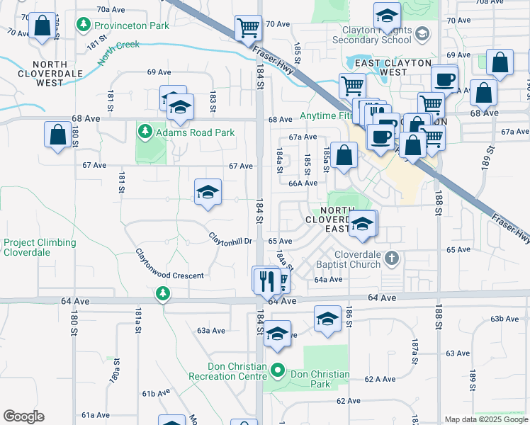 map of restaurants, bars, coffee shops, grocery stores, and more near 6556 184 Street in Surrey