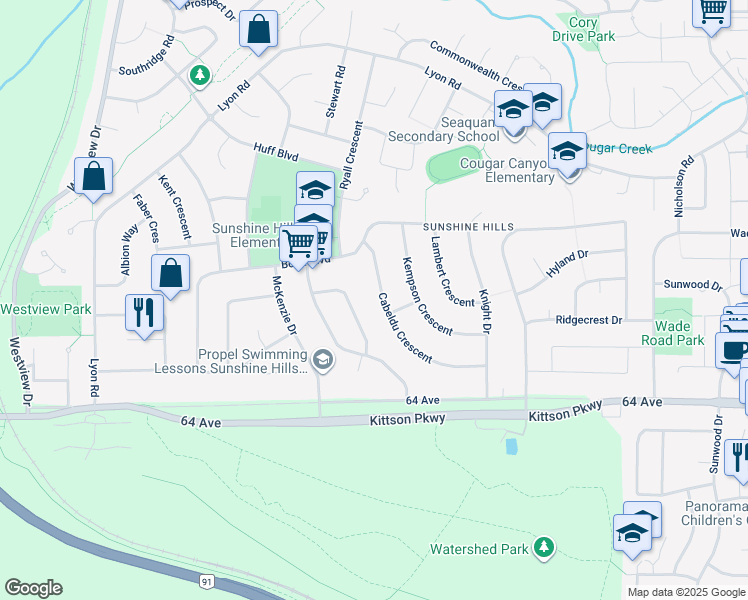 map of restaurants, bars, coffee shops, grocery stores, and more near 6575 Cabeldu Crescent in Delta