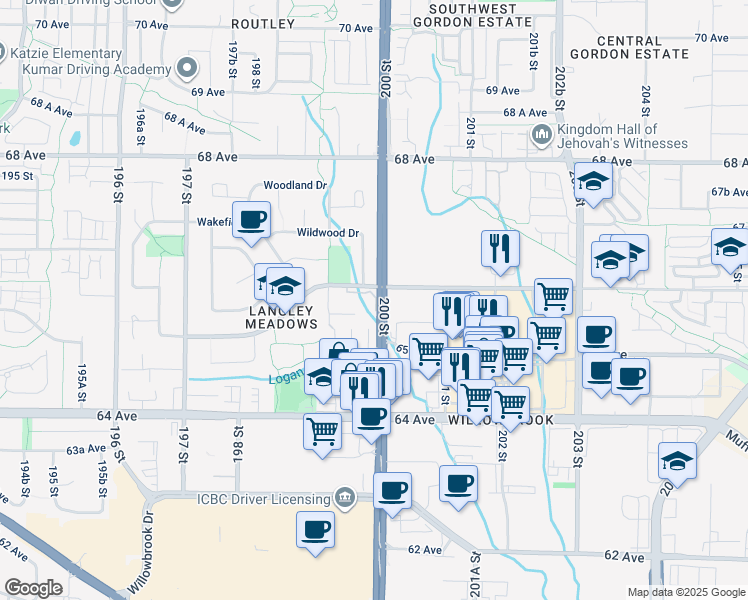 map of restaurants, bars, coffee shops, grocery stores, and more near 19948 Willoughby Way in Langley Township