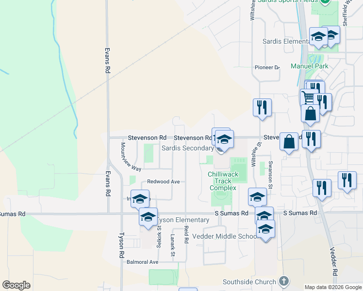 map of restaurants, bars, coffee shops, grocery stores, and more near 6611 Reid Road in Chilliwack