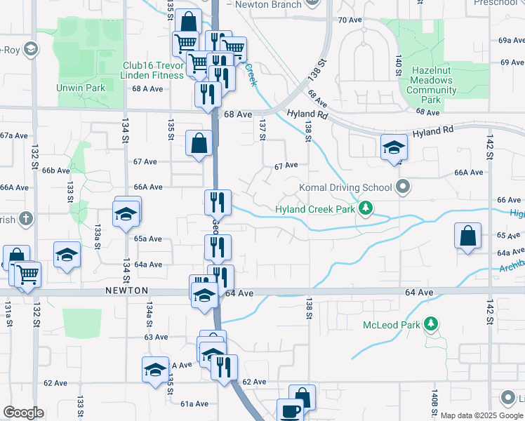 map of restaurants, bars, coffee shops, grocery stores, and more near 13742 67 Avenue in Surrey