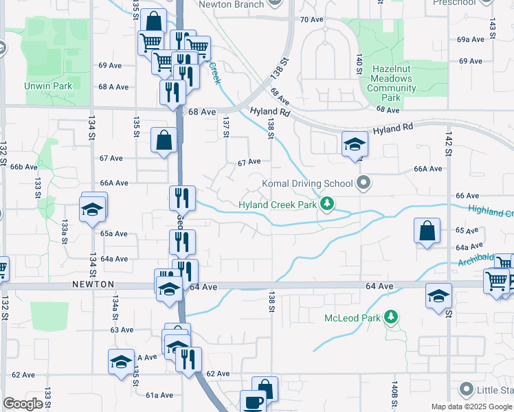 map of restaurants, bars, coffee shops, grocery stores, and more near 6605 138 Street in Surrey