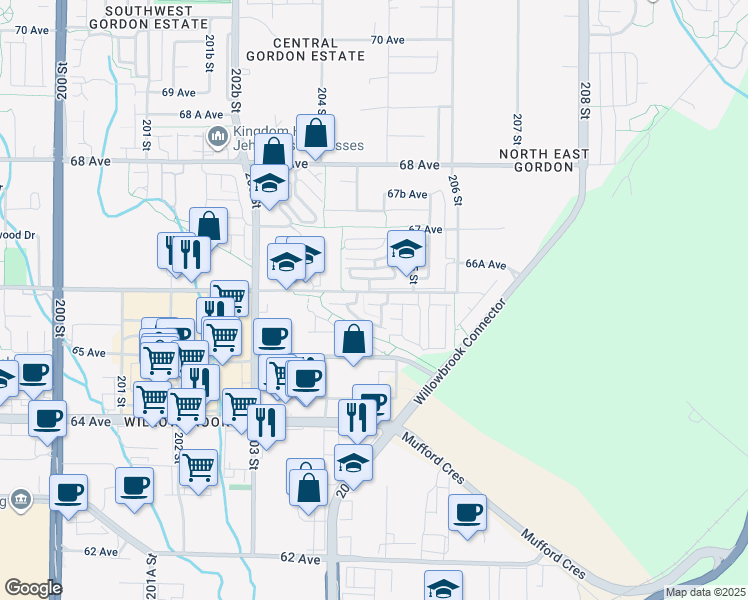 map of restaurants, bars, coffee shops, grocery stores, and more near 96 66 Avenue in Langley City