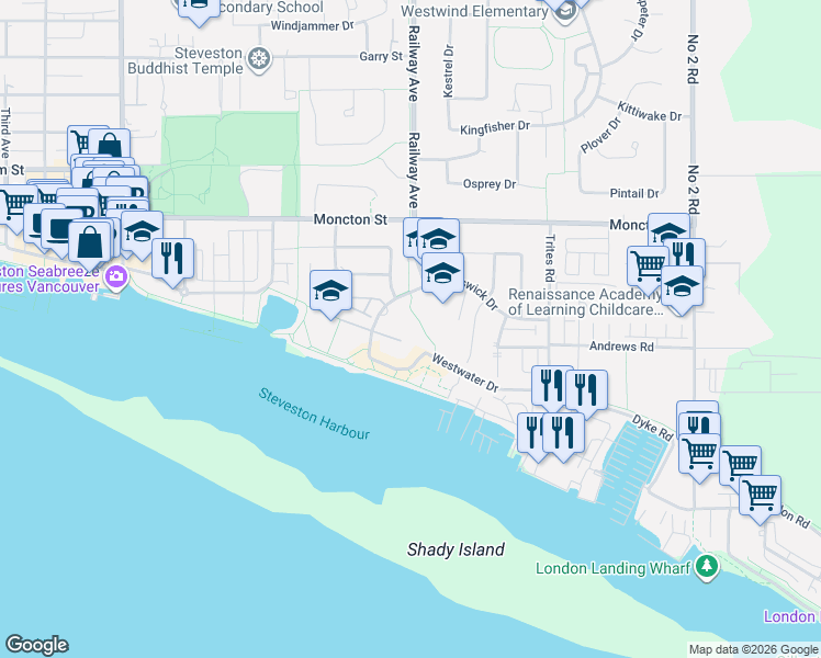 map of restaurants, bars, coffee shops, grocery stores, and more near 12873 Railway Avenue in Richmond