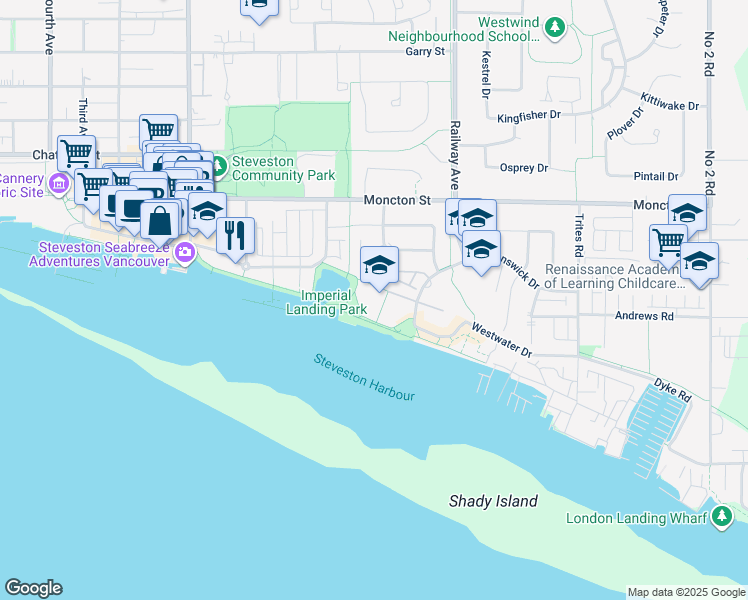 map of restaurants, bars, coffee shops, grocery stores, and more near 4500 Westwater Drive in Richmond