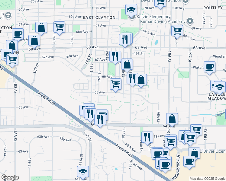 map of restaurants, bars, coffee shops, grocery stores, and more near 6511 193A Street in Surrey