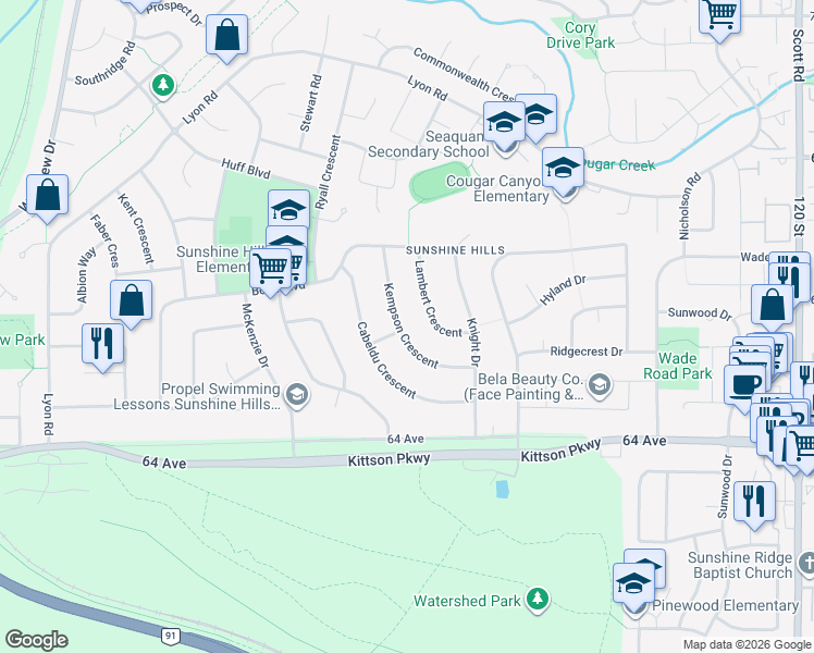 map of restaurants, bars, coffee shops, grocery stores, and more near 6572 Kempson Crescent in Delta