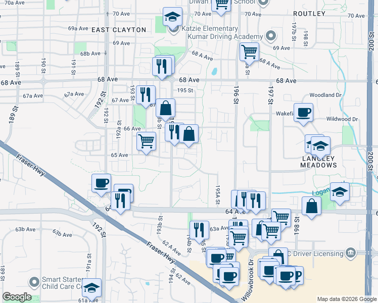 map of restaurants, bars, coffee shops, grocery stores, and more near 19455 65 Avenue in Surrey