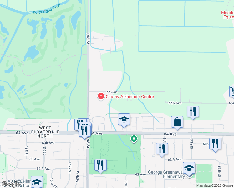 map of restaurants, bars, coffee shops, grocery stores, and more near 16948 66 Avenue in Surrey