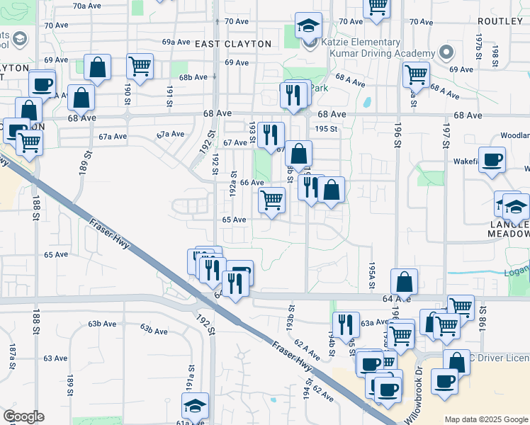 map of restaurants, bars, coffee shops, grocery stores, and more near 6517 193A Street in Surrey