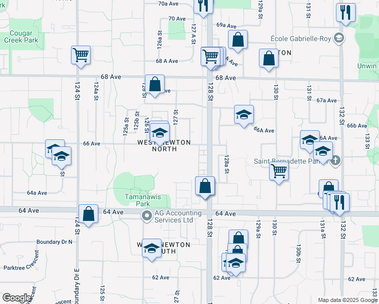 map of restaurants, bars, coffee shops, grocery stores, and more near 12738 66 Avenue in Surrey