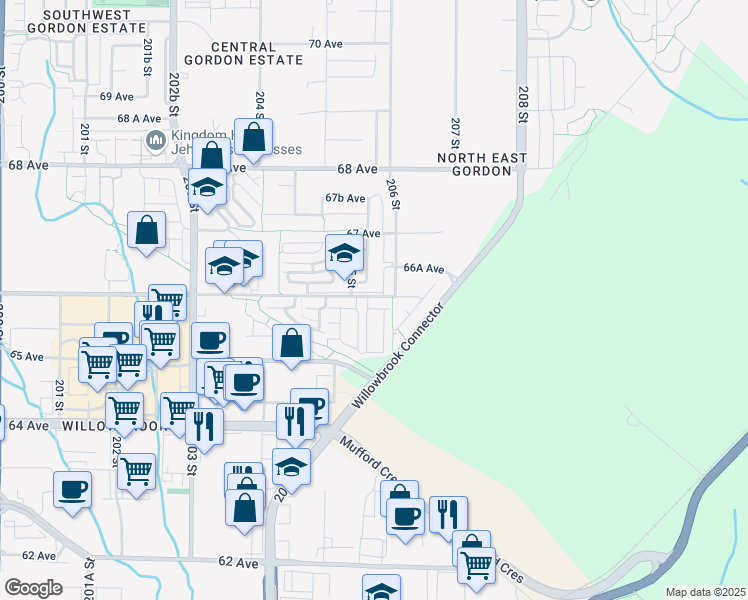 map of restaurants, bars, coffee shops, grocery stores, and more near 20560 66 Avenue in Langley City