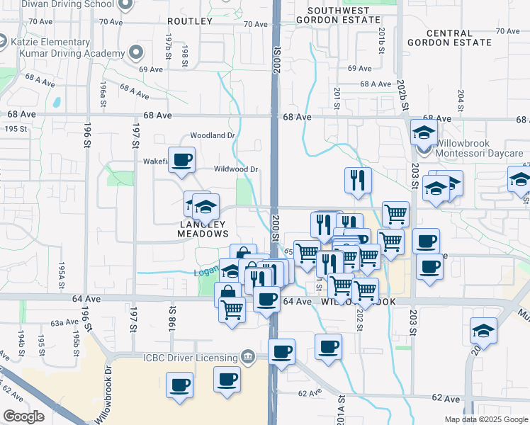 map of restaurants, bars, coffee shops, grocery stores, and more near 19948 Willoughby Way in Langley