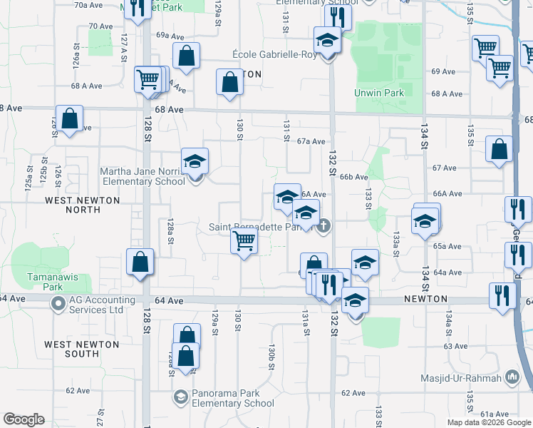 map of restaurants, bars, coffee shops, grocery stores, and more near 6578 130A Street in Surrey