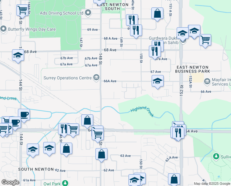 map of restaurants, bars, coffee shops, grocery stores, and more near 6636 148A Street in Surrey