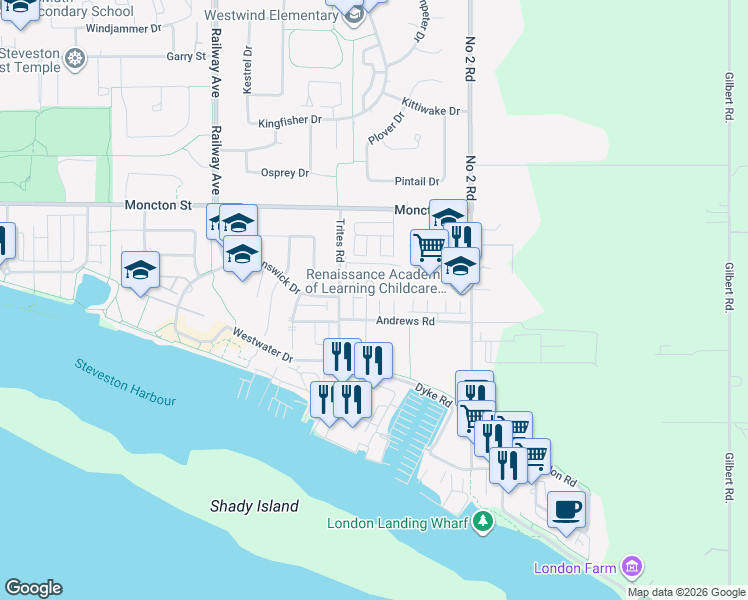 map of restaurants, bars, coffee shops, grocery stores, and more near 12300 Buchanan Street in Richmond