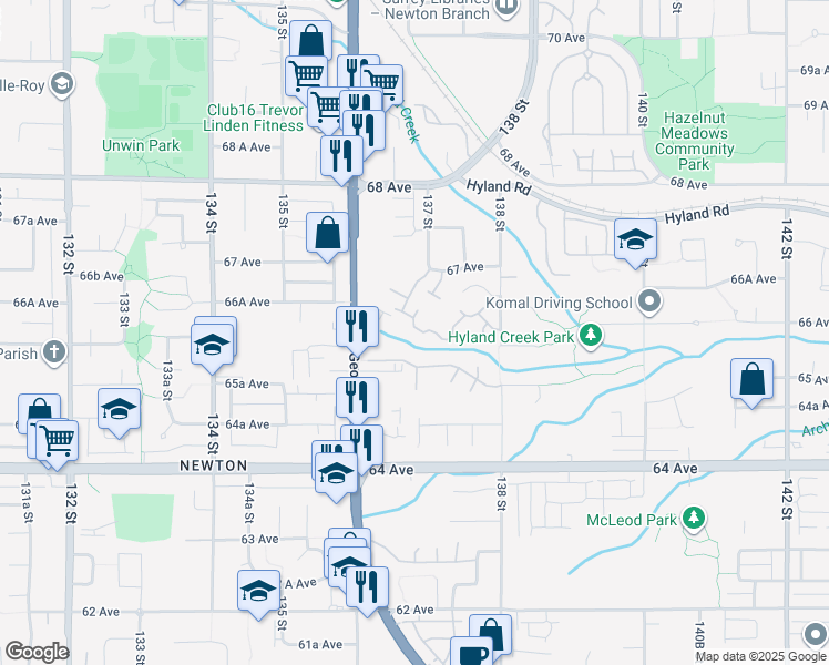 map of restaurants, bars, coffee shops, grocery stores, and more near 13738 67 Avenue in Surrey