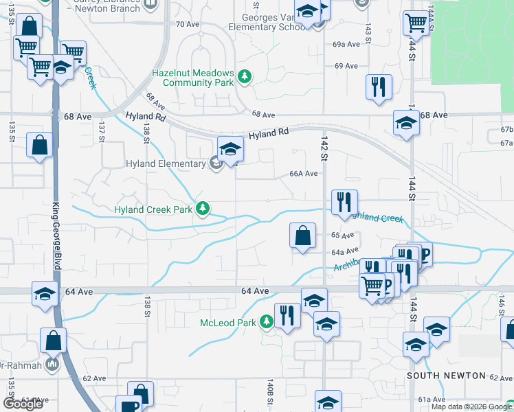 map of restaurants, bars, coffee shops, grocery stores, and more near 14052 66 Avenue in Surrey