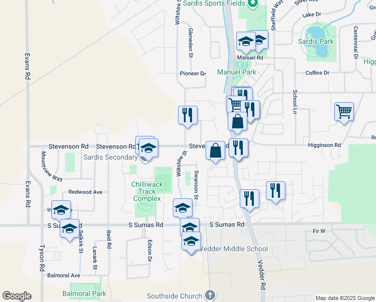 map of restaurants, bars, coffee shops, grocery stores, and more near 45573 Perth Avenue in Chilliwack