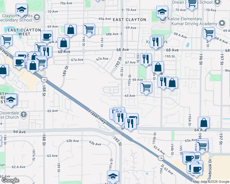 map of restaurants, bars, coffee shops, grocery stores, and more near 6575 192 Street in Surrey