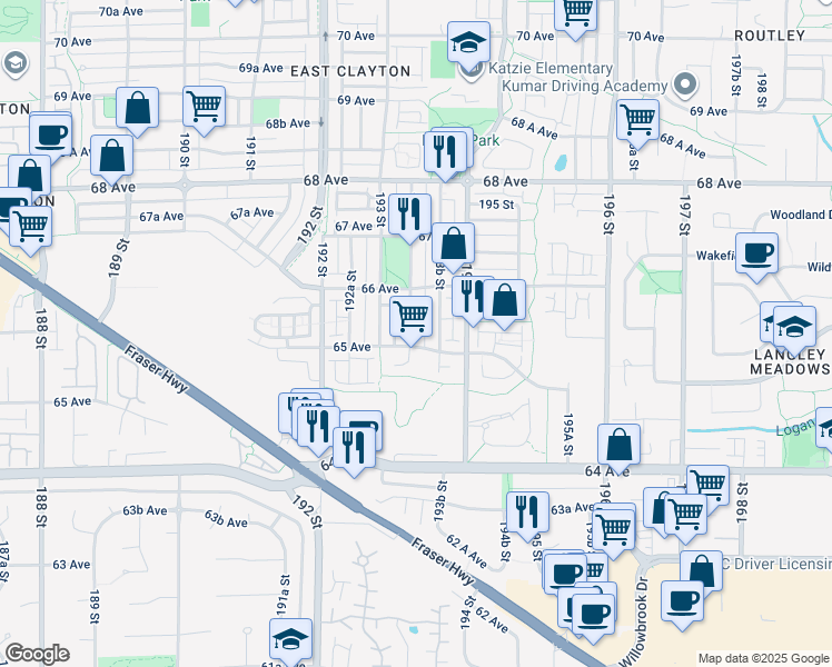 map of restaurants, bars, coffee shops, grocery stores, and more near 6522 193A Street in Surrey