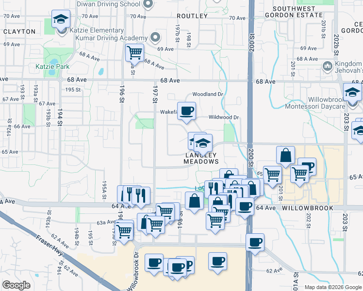 map of restaurants, bars, coffee shops, grocery stores, and more near 2540 Wilding Court in Langley