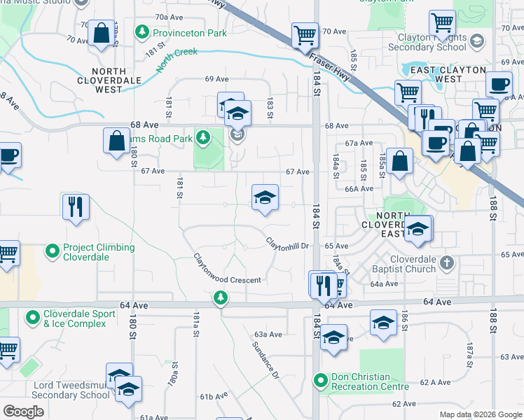 map of restaurants, bars, coffee shops, grocery stores, and more near 18296 66 Avenue in Surrey