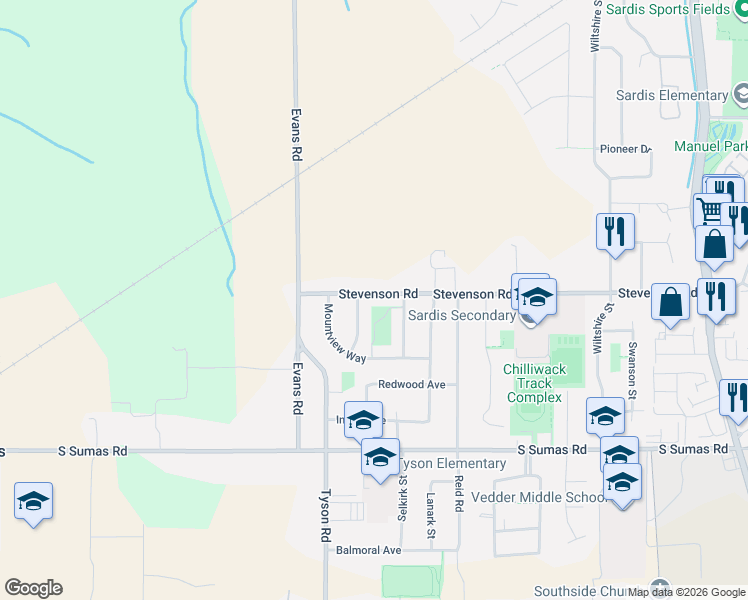 map of restaurants, bars, coffee shops, grocery stores, and more near 45178 Stevenson Road in Chilliwack