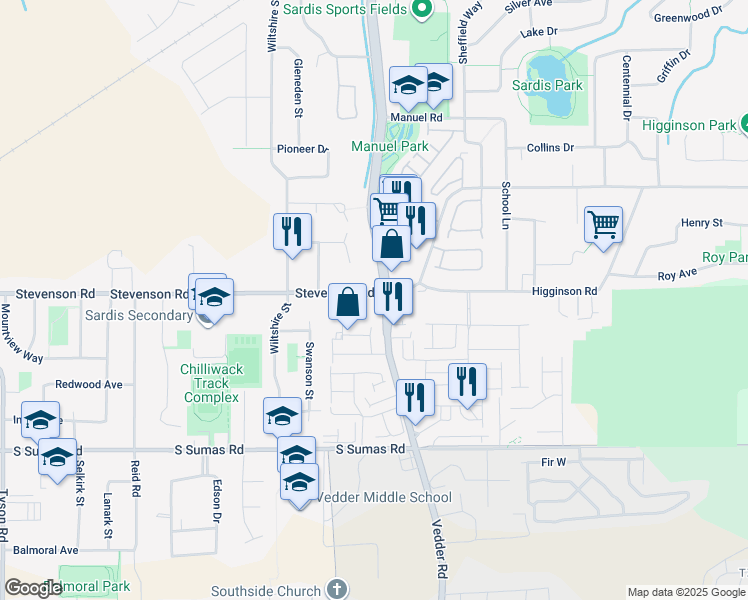 map of restaurants, bars, coffee shops, grocery stores, and more near 6625 Vedder Road in Chilliwack