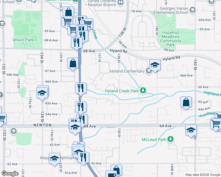 map of restaurants, bars, coffee shops, grocery stores, and more near 6613 138 Street in Surrey