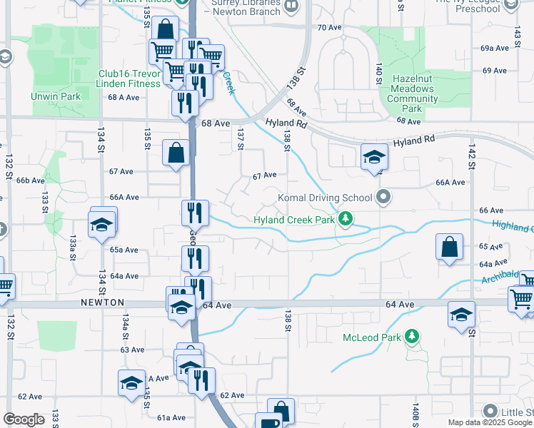 map of restaurants, bars, coffee shops, grocery stores, and more near 6613 138 Street in Surrey