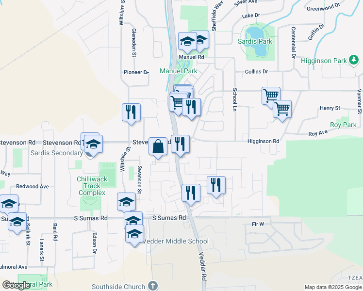 map of restaurants, bars, coffee shops, grocery stores, and more near 45706 Stevenson Road in Chilliwack
