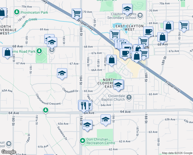 map of restaurants, bars, coffee shops, grocery stores, and more near 6589 185 Street in Surrey