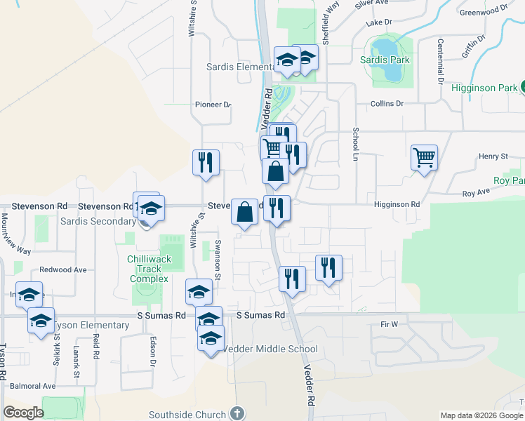 map of restaurants, bars, coffee shops, grocery stores, and more near 6595 Vedder Road in Chilliwack