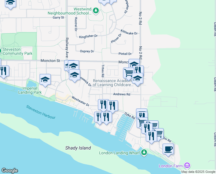 map of restaurants, bars, coffee shops, grocery stores, and more near 12299 Buchanan Street in Richmond