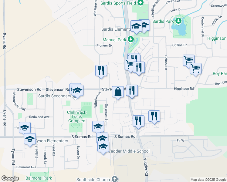map of restaurants, bars, coffee shops, grocery stores, and more near 45610 Stevenson Road in Chilliwack