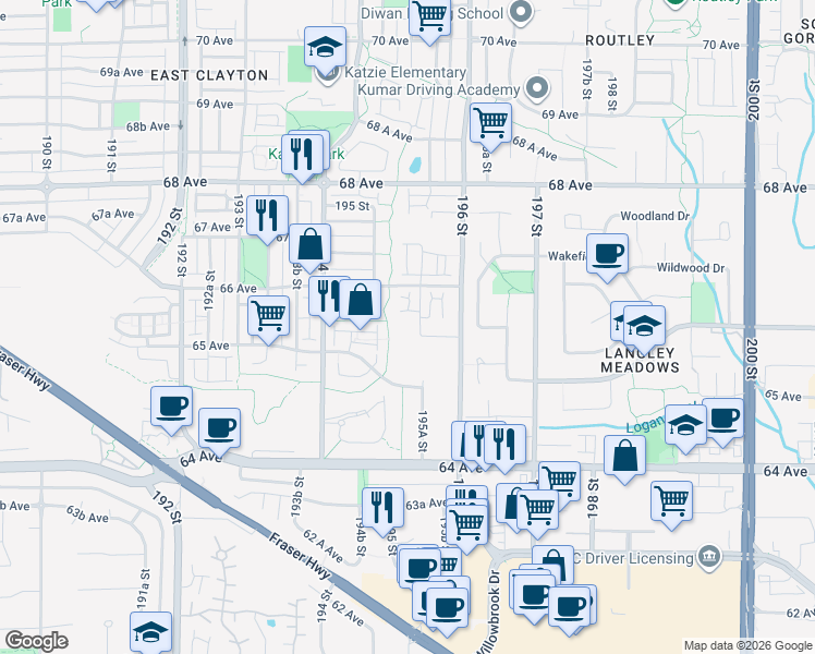 map of restaurants, bars, coffee shops, grocery stores, and more near 6585 195A Street in Surrey