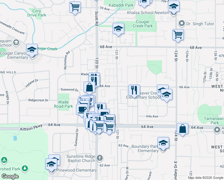 map of restaurants, bars, coffee shops, grocery stores, and more near 12088 66 Avenue in Surrey