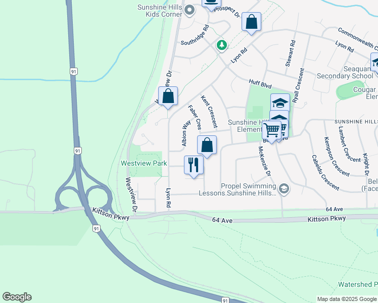 map of restaurants, bars, coffee shops, grocery stores, and more near 6598 Albion Way in Delta