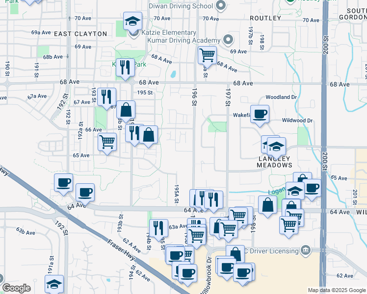 map of restaurants, bars, coffee shops, grocery stores, and more near 19577 65B Avenue in Surrey