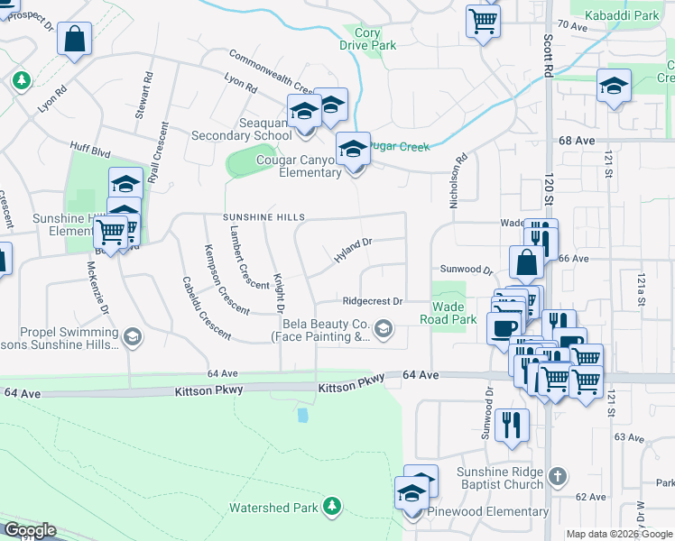 map of restaurants, bars, coffee shops, grocery stores, and more near 11658 Hyland Drive in Delta