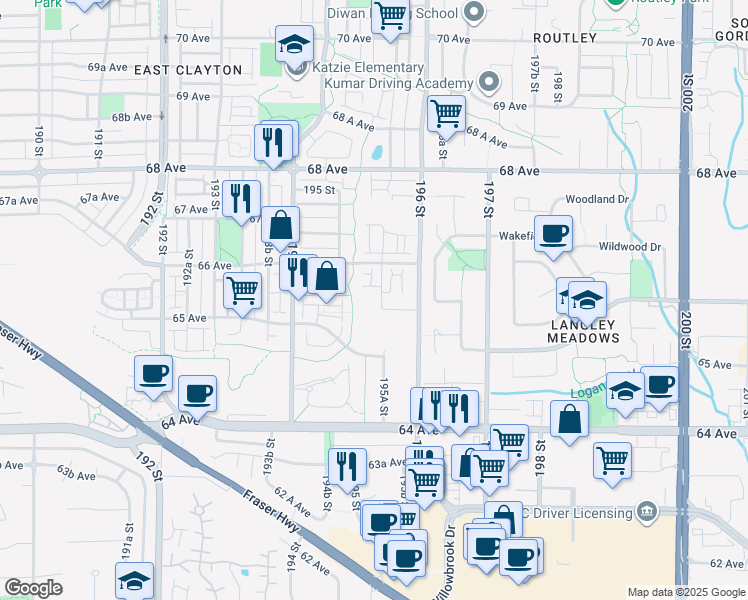 map of restaurants, bars, coffee shops, grocery stores, and more near 6585 195A Street in Surrey