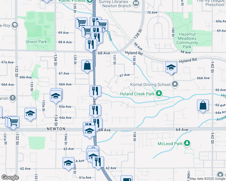 map of restaurants, bars, coffee shops, grocery stores, and more near 13750 67 Avenue in Surrey
