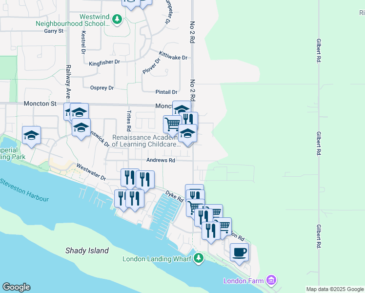 map of restaurants, bars, coffee shops, grocery stores, and more near 12491 Number 2 Road in Richmond