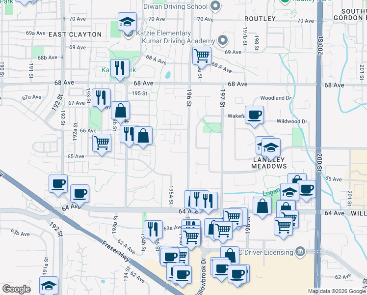 map of restaurants, bars, coffee shops, grocery stores, and more near 6595 196 Street in Surrey